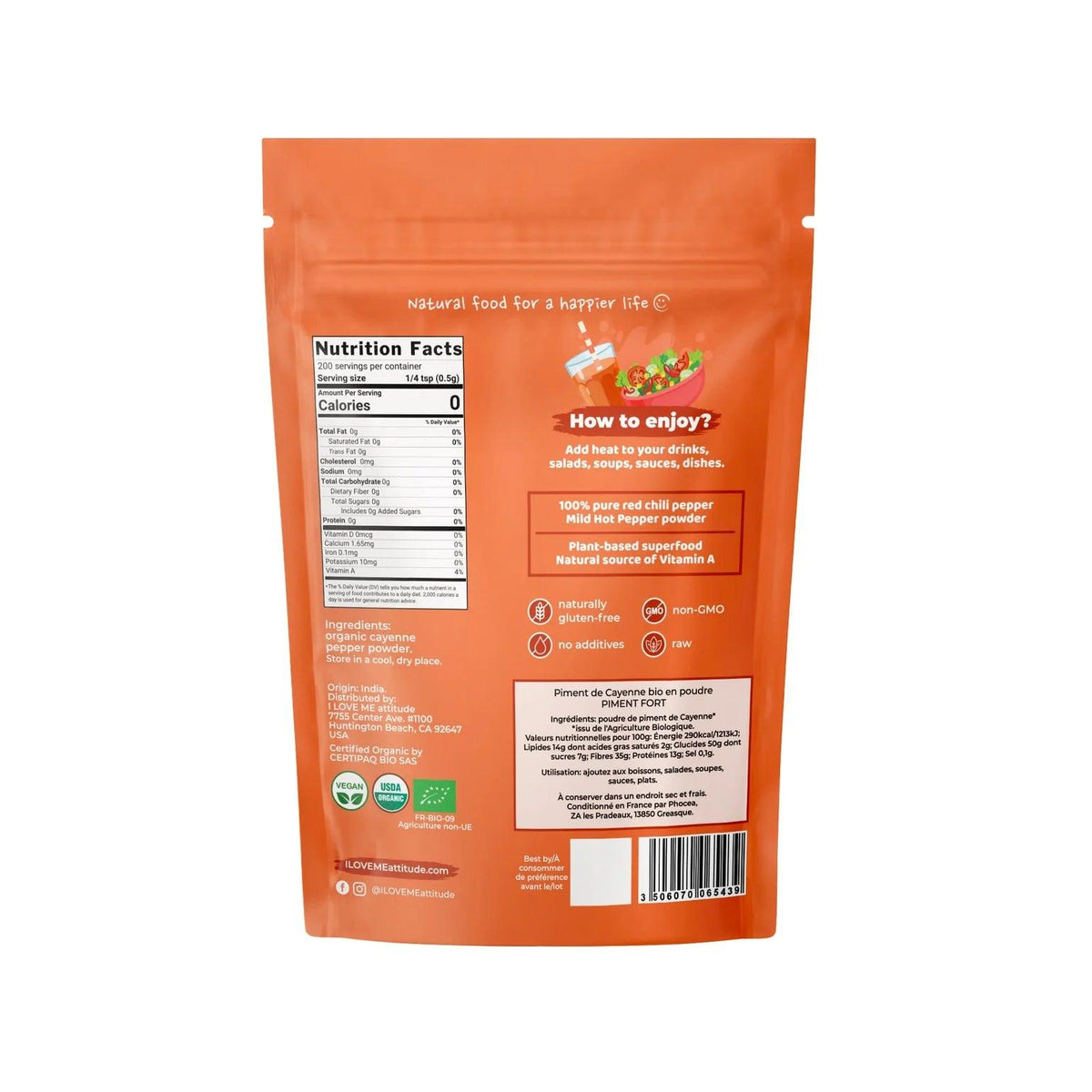 Organic cayenne pepper powder in a 100g container by ILOVEME, shown in a clear image highlighting the vibrant red spice.