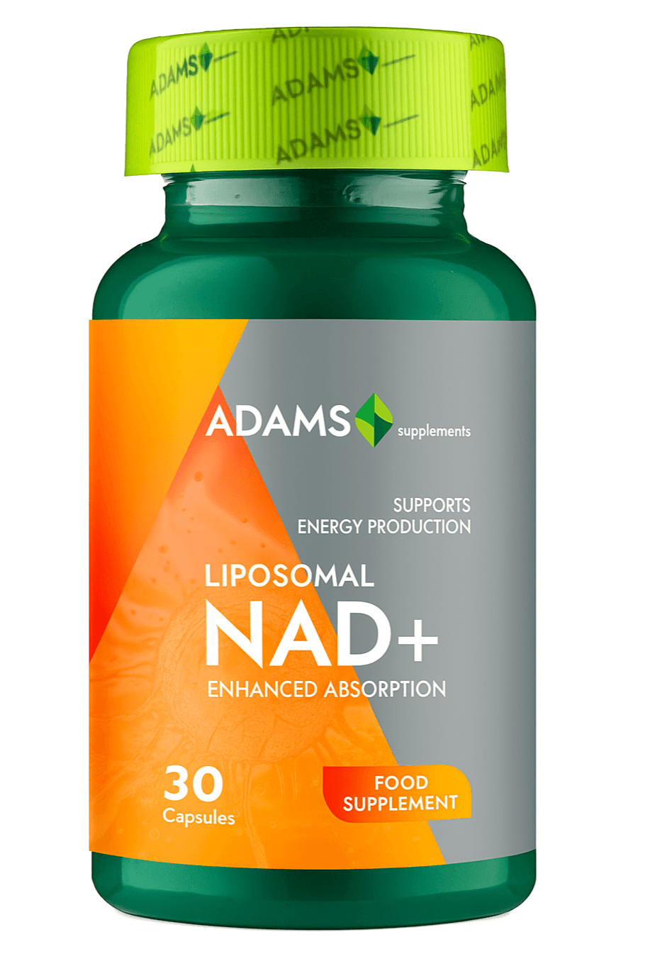 Liposomal NAD+ supplement by Adams Supplements, 300mg capsules, showing the bottle with 30 capsules inside.