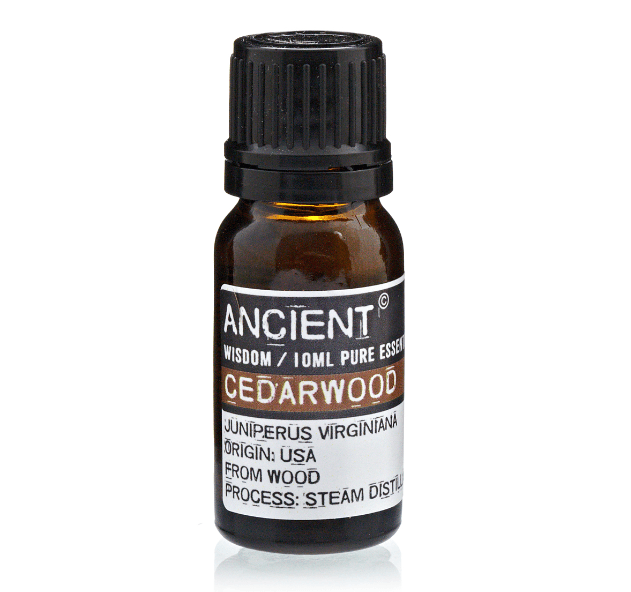 Botanical cedarwood essential oil bottle from AW Gifts, 10ml, used for skin care and natural aromatherapy.