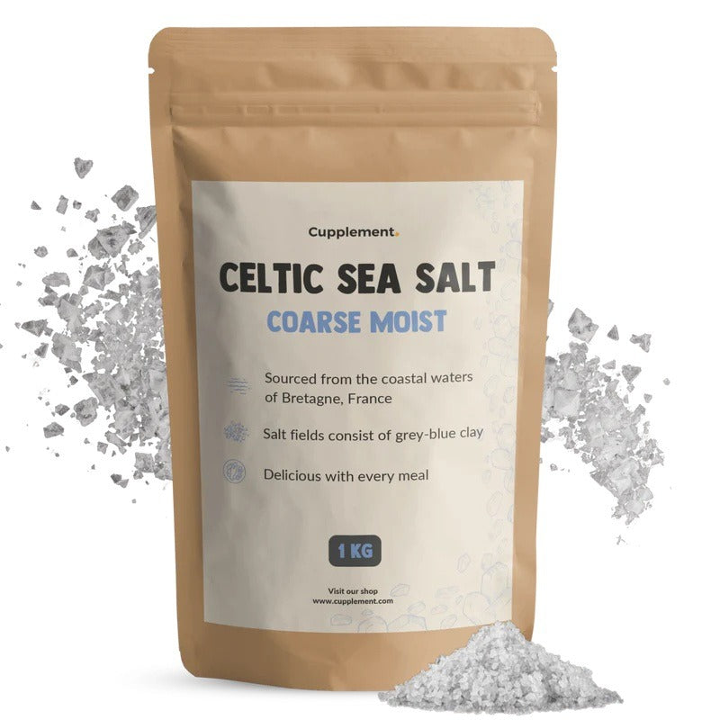 Herbalistas Celtic sea salt in a 1kg bag, coarse natural salt with grayish color and textured crystals for culinary use.