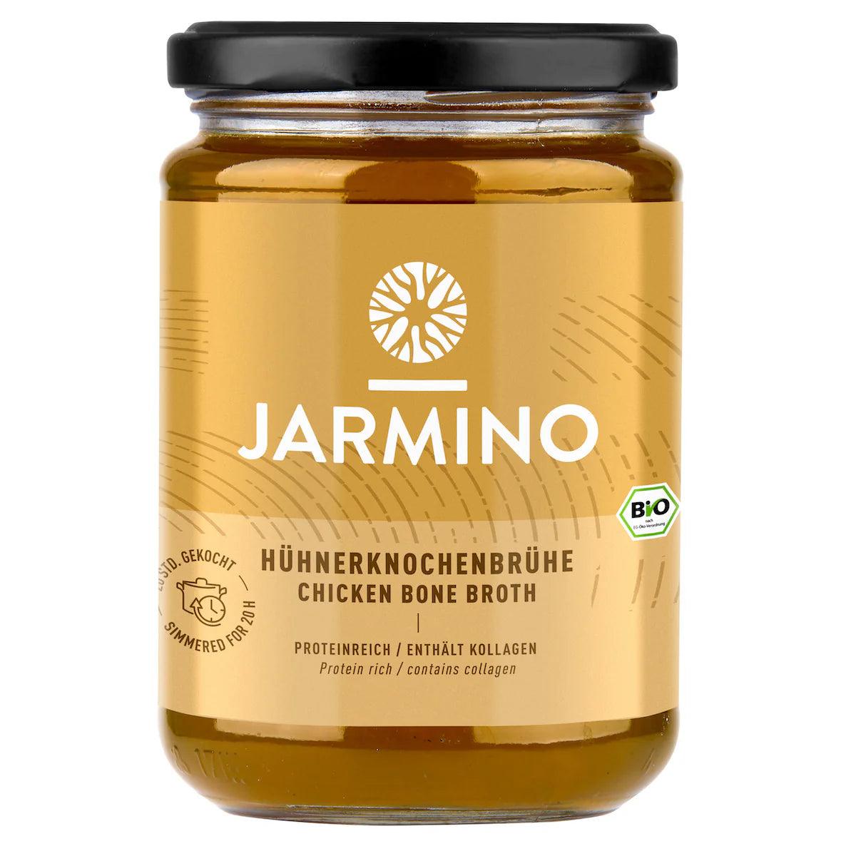 Jarmino organic chicken bone broth jar, showcasing clear collagen-rich chicken bone broth in a 350ml glass jar.