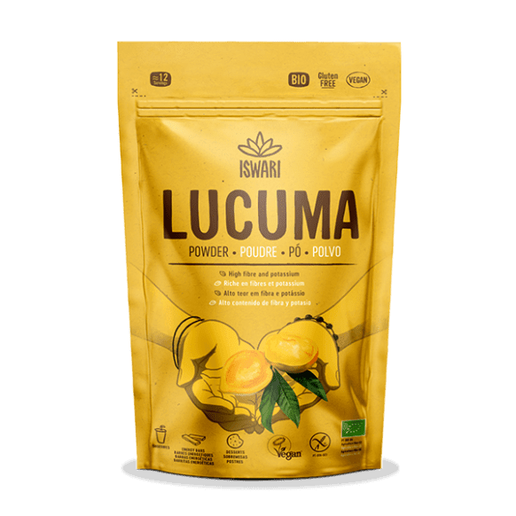Old Products BIO Lucuma Powder 125g, natural energy supplement in a resealable package, featuring vibrant lucuma fruit imagery.