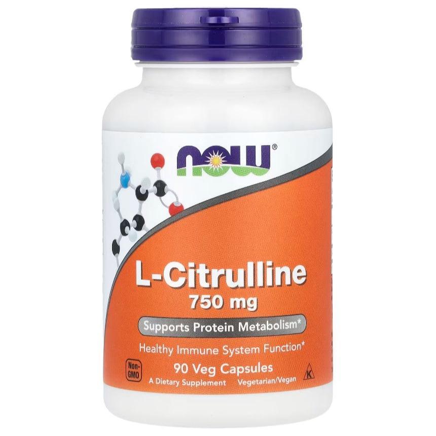 Supplements bottle of NOW Foods L-Citrulline 750mg in 90 vegetarian capsules, showing the supplement container and label.
