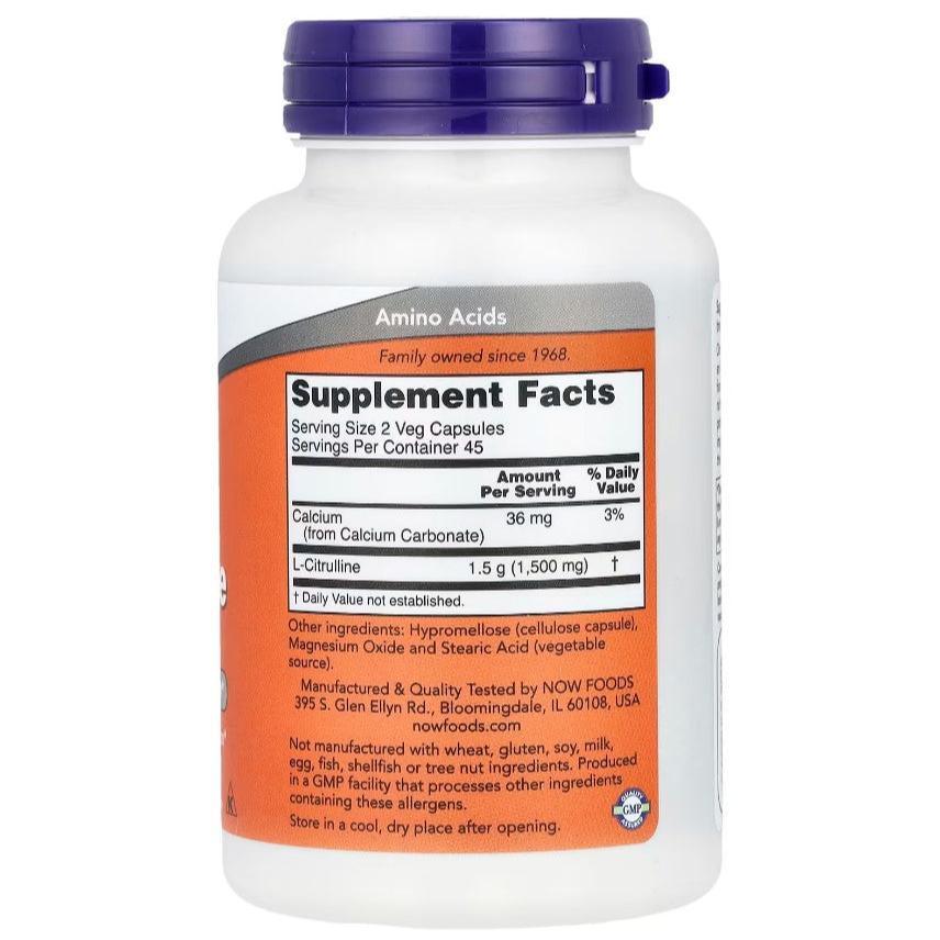 MKSTAVRINOS NOW Foods L-Citrulline supplement bottle with 90 veggie capsules, showing the product label and capsules inside.