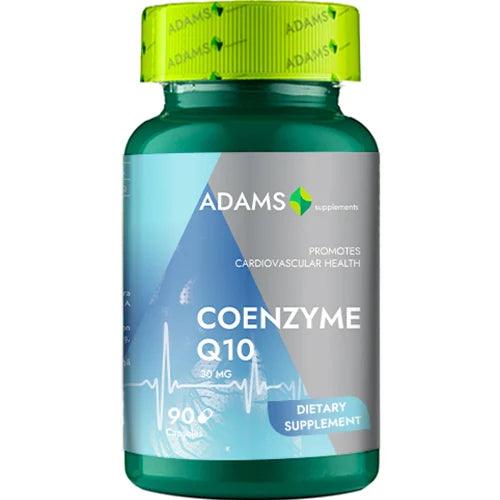 Bottle of Adams Supplements Coenzyme Q10 30mg softgels, dietary supplement for energy and heart health.