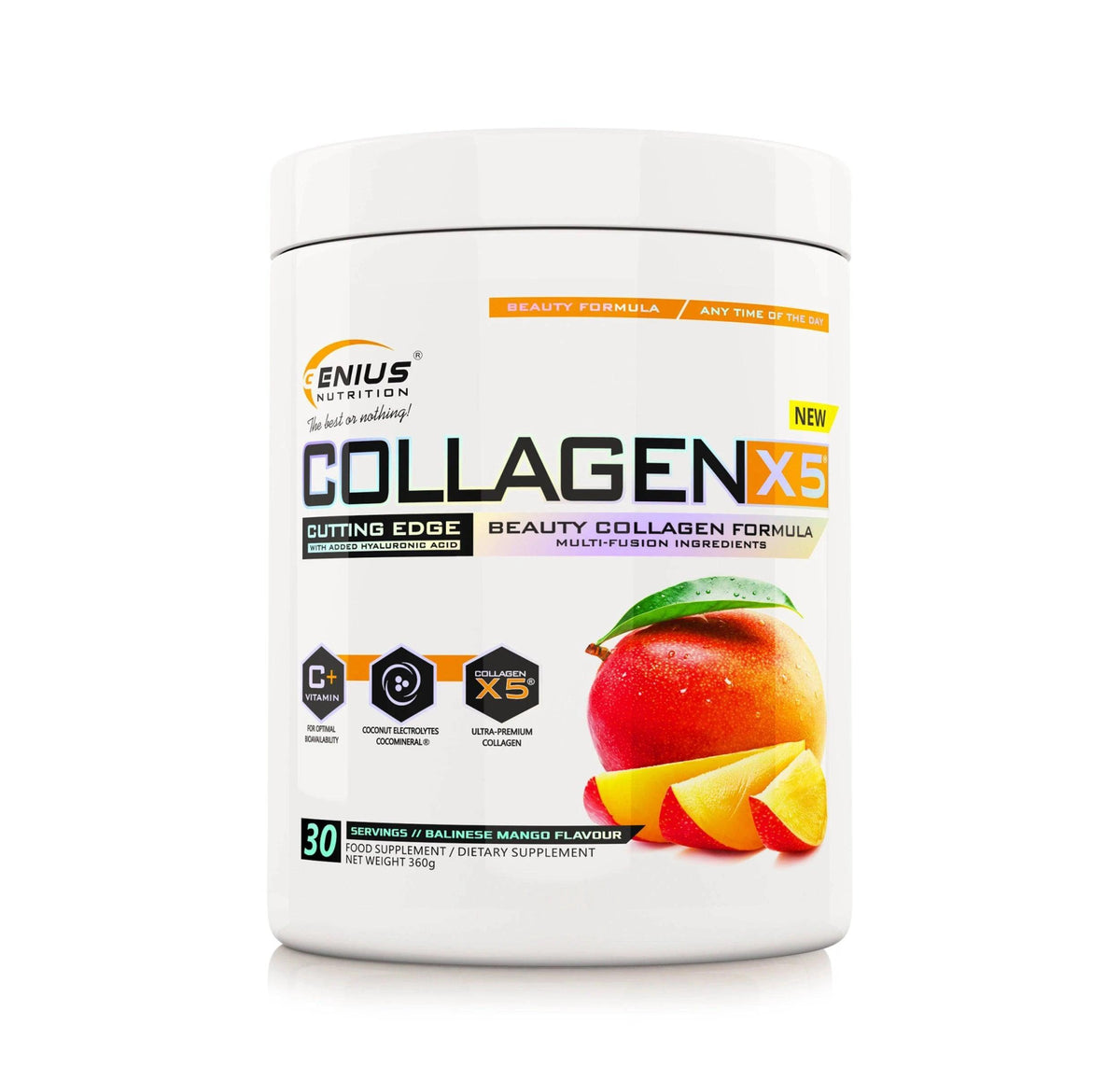 Genius Nutrition Collagen-X5 supplement in mango flavor, 360g jar with 30 servings, showing the product packaging and scoop.