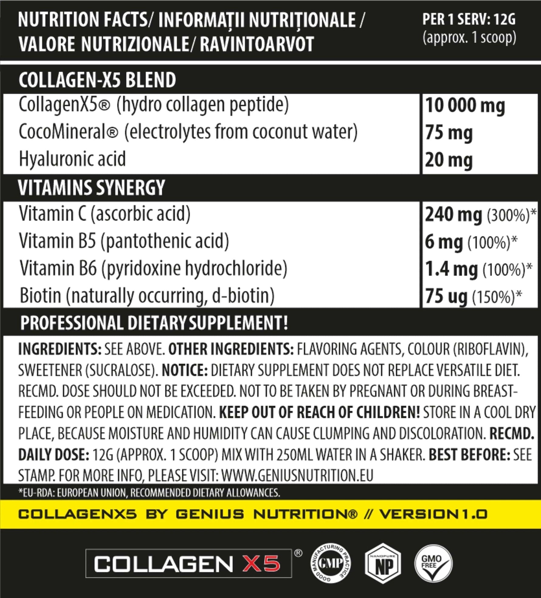 Genius Nutrition Collagen-X5 supplement container with 360g label, showing collagen powder for skin and joint support.