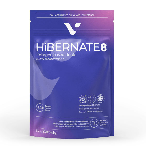 Zinzino Hibernate8 collagen supplement pack with 30 servings, featuring collagen powder for skin and joint health.