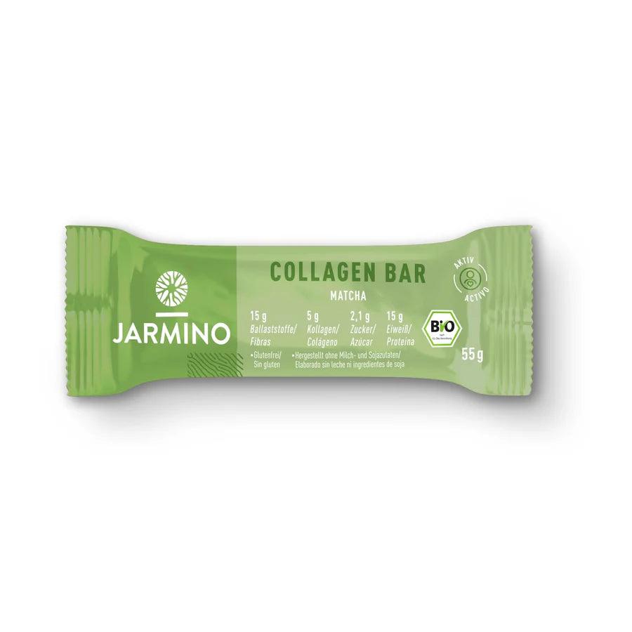 Jarmino organic collagen bar with matcha green tea, high-protein snack in a 55g package, featuring a green tea flavor and natural ingredients.