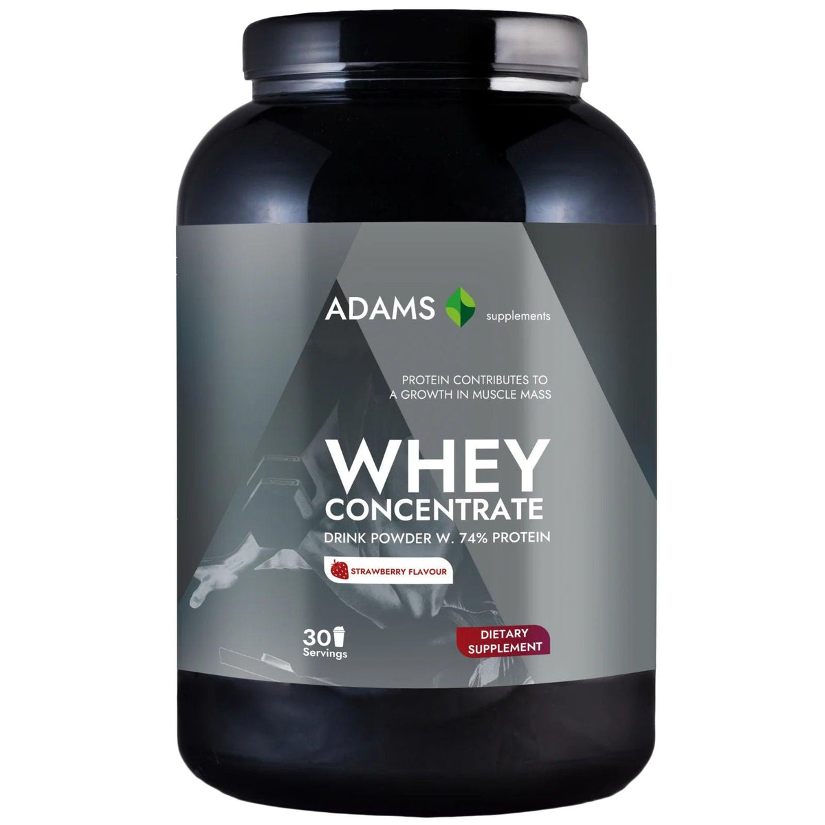Adams Supplements whey concentrate protein powder in a 908g container, showcasing the product package with label details.