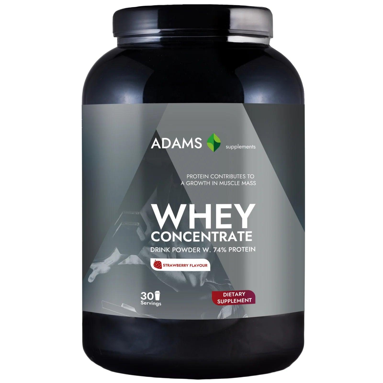 Adams Supplements whey concentrate protein powder in a 908g container, showcasing the product package with label details.