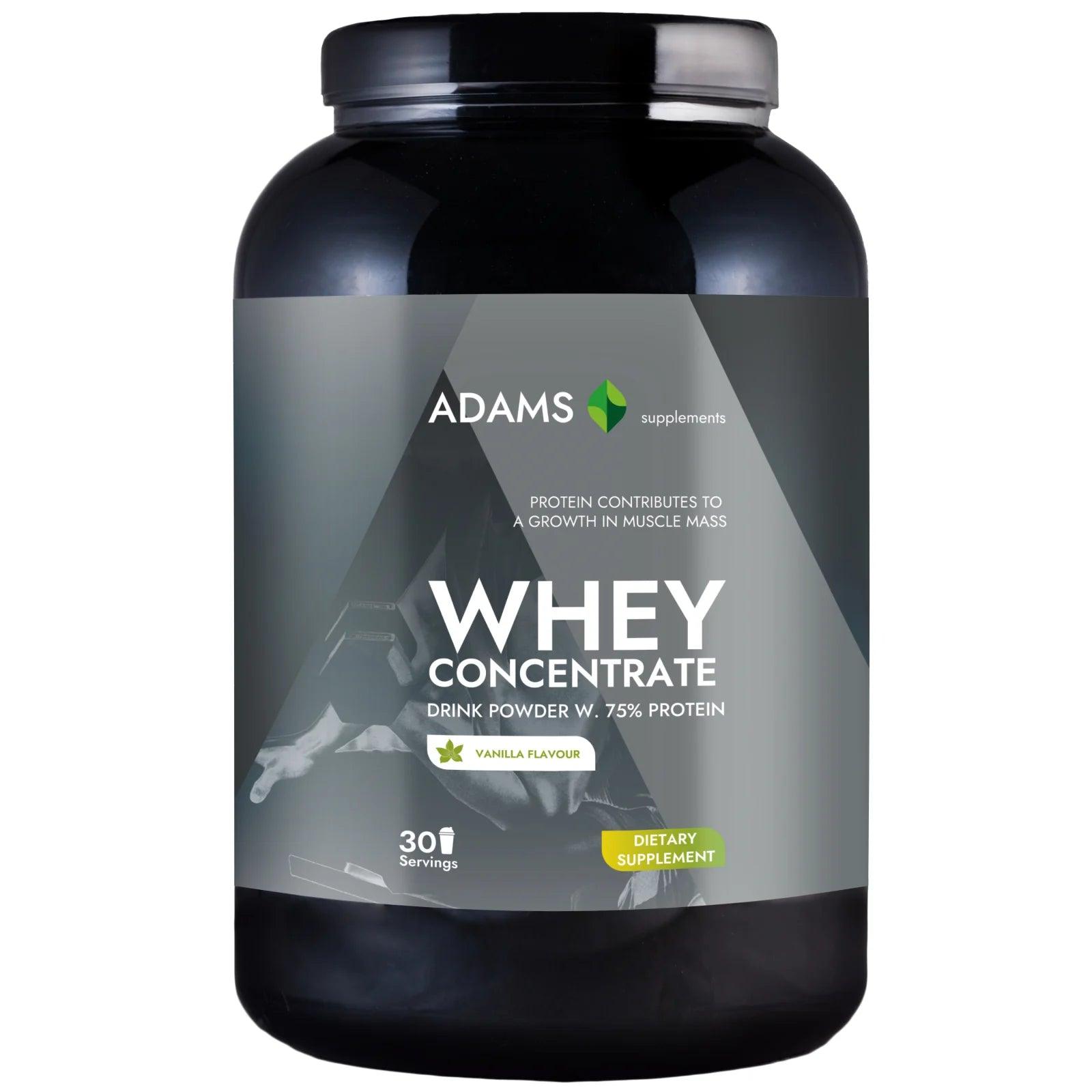 Vanilla-flavored Adams Supplements whey concentrate protein powder in a 908g container, showing the product label and packaging.