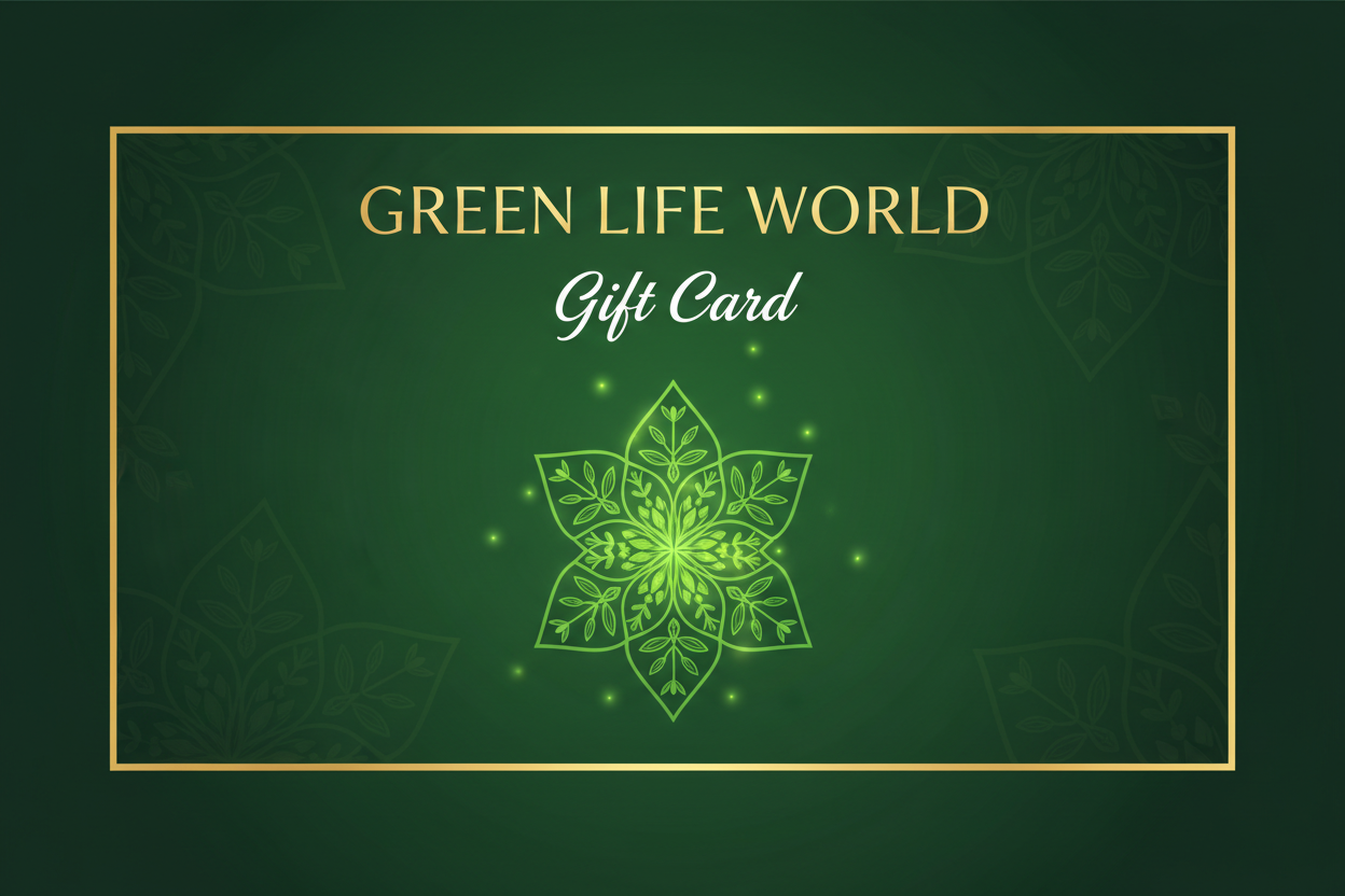 Green Life World gift card featuring a vibrant, eco-friendly design, perfect for gifting wellness and eco-conscious products.