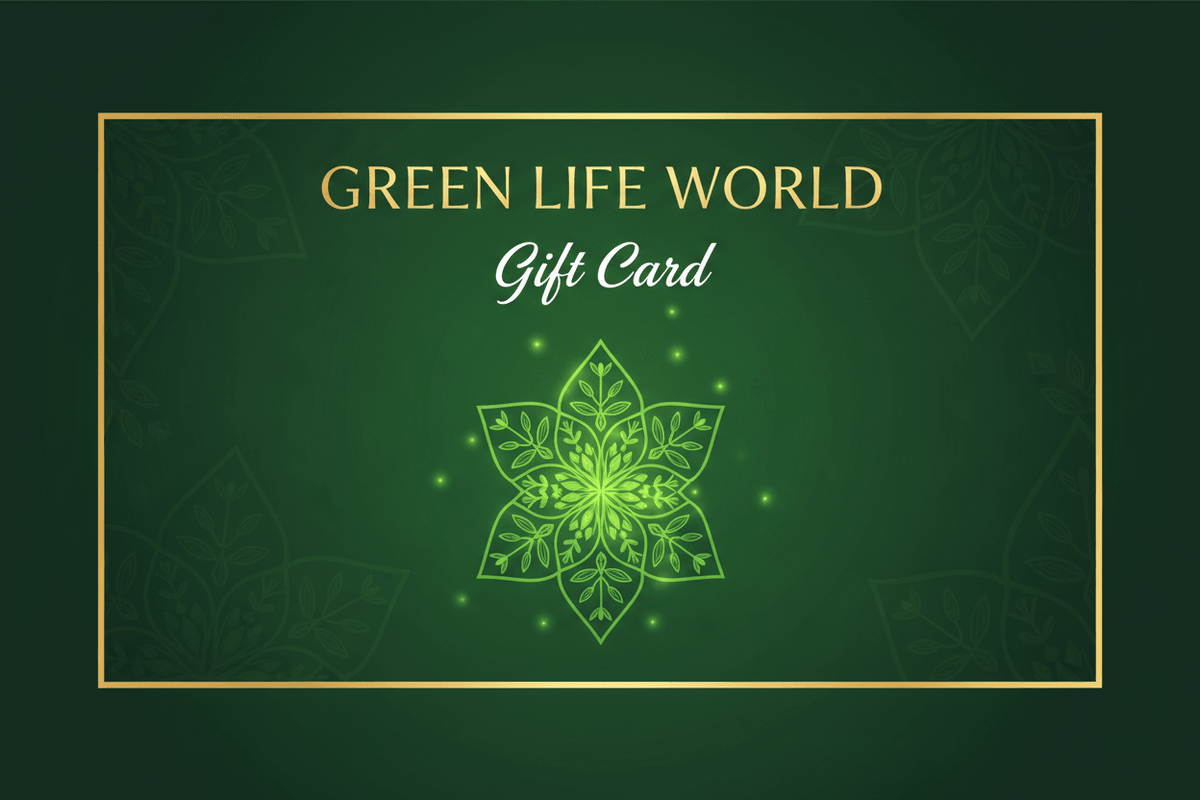 Green Life World gift card featuring a vibrant design, perfect for gifting at Green Life Books wellness store.