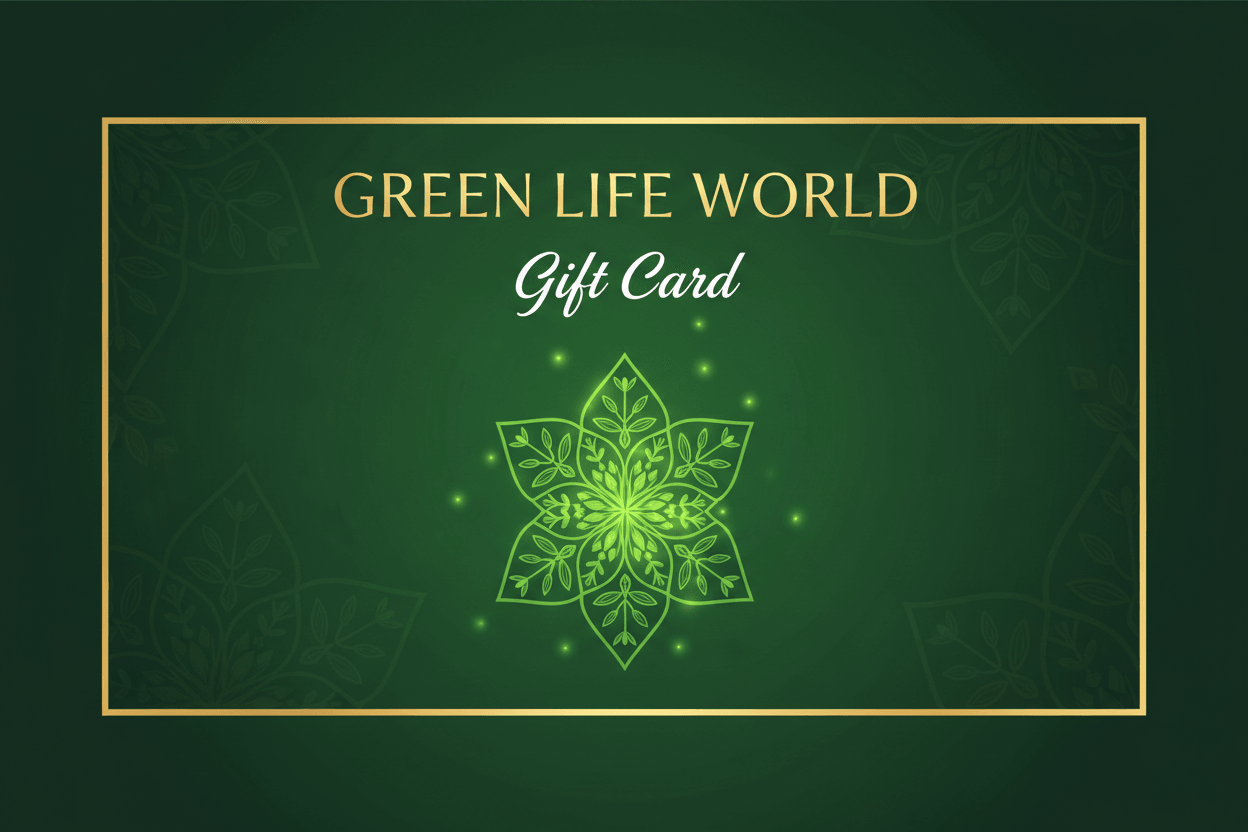 Green Life World gift card featuring a vibrant design, perfect for gifting at Green Life Books wellness store.