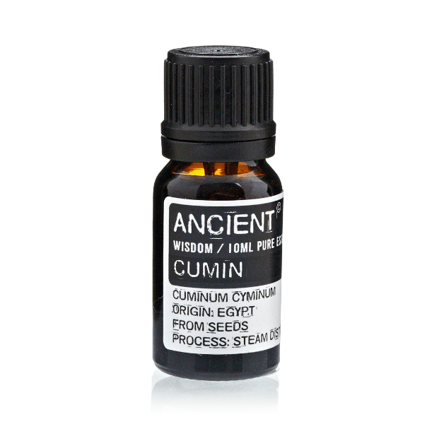 Cumin essential oil bottle from AW Gifts, 10ml, used for skin care, with a label featuring cumin seeds and natural ingredients.