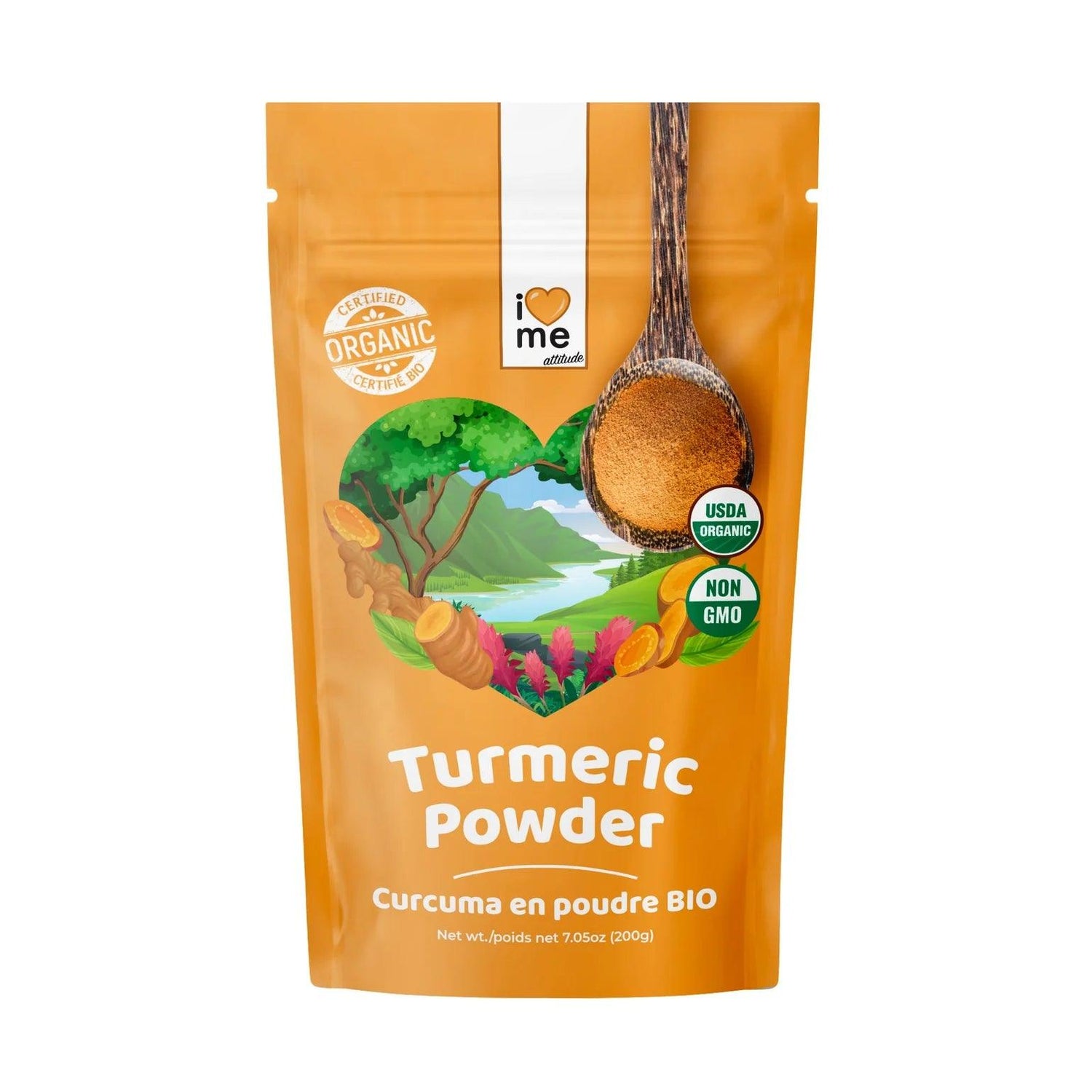 Organic turmeric powder from ILOVE ME superfood brand, 200g package, shown in a clear image of the turmeric root powder.