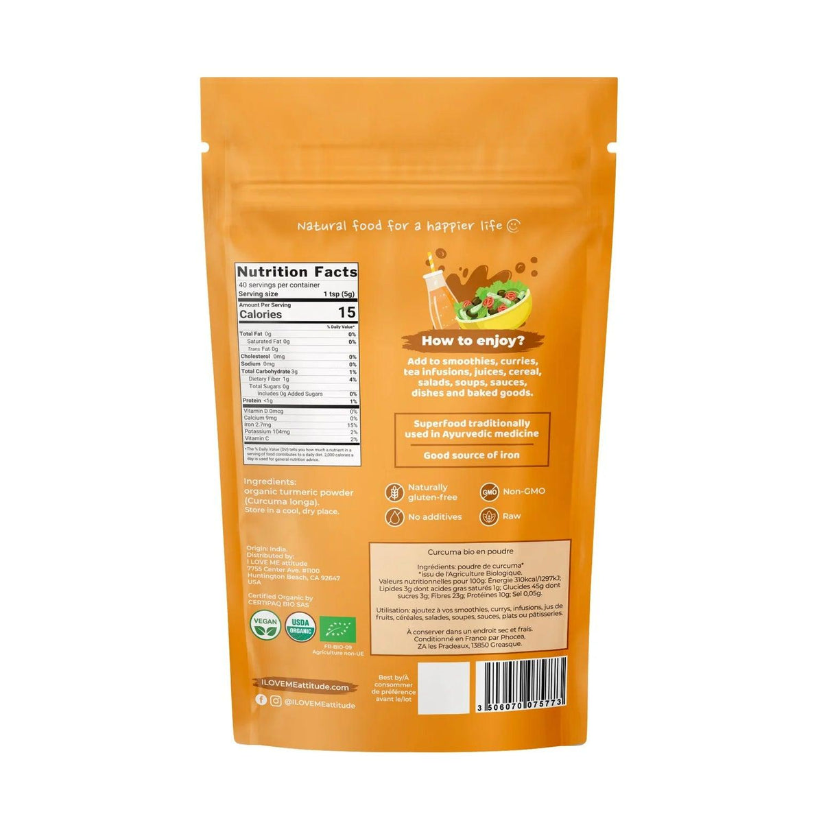 Organic turmeric powder in a 200g package from ILOVE ME superfood brand, shown in a clear, resealable bag.