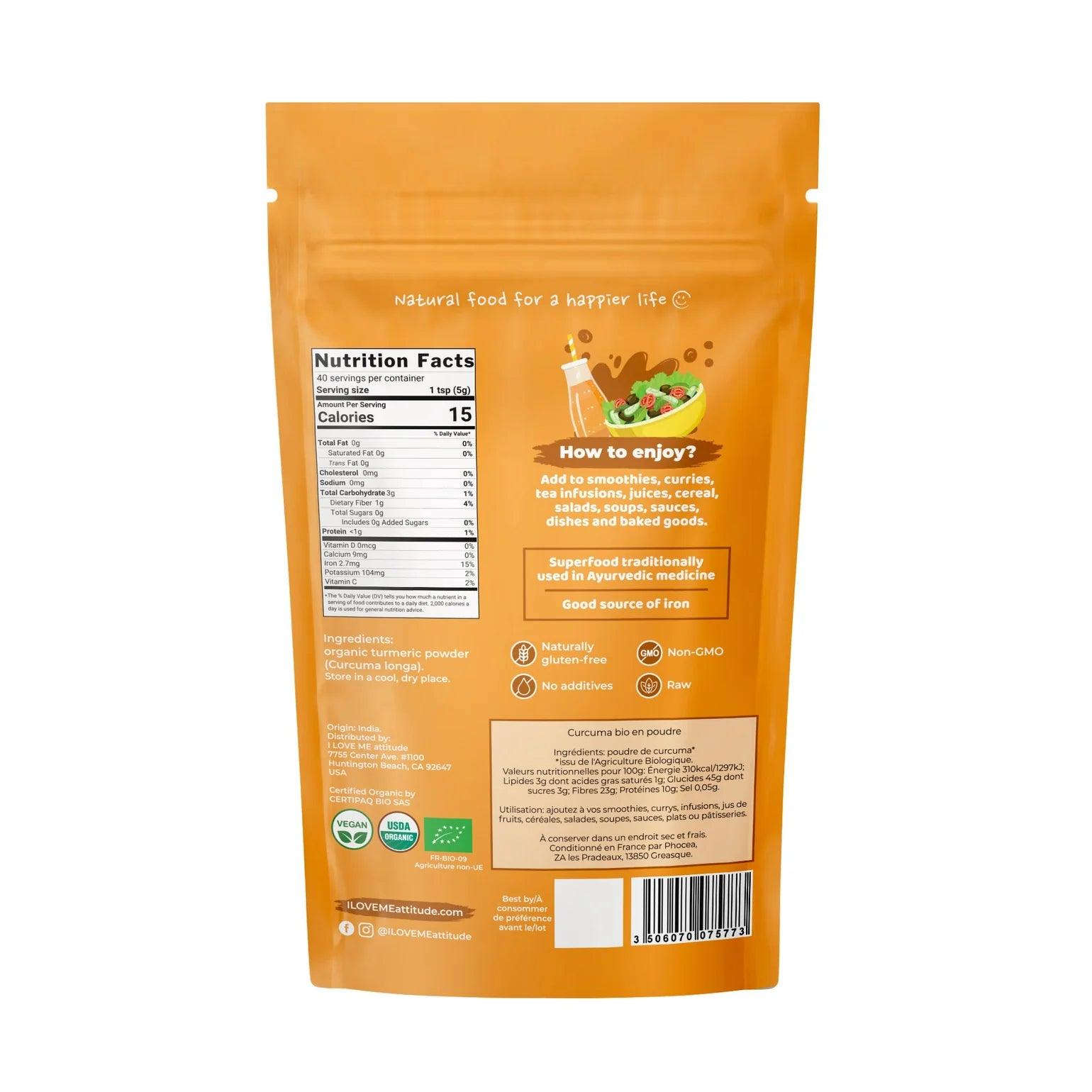Organic turmeric powder in a 200g package from ILOVE ME superfood brand, shown in a clear, resealable bag.
