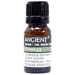 Cypress essential oil bottle from AW Gifts, 10ml, showing clear glass container with a white label and green cypress leaves in the background.