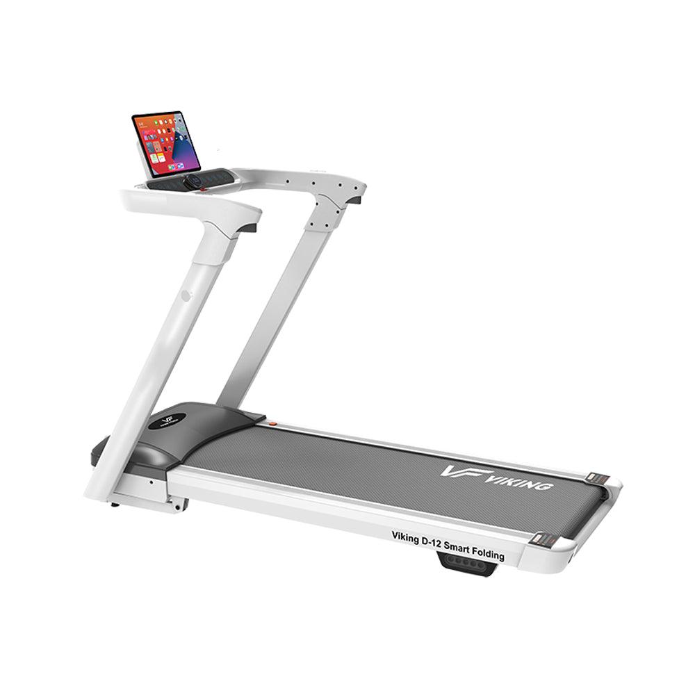 VIKING FITNESS D-12 Smart Folding Treadmill displayed on line, showcasing compact design and modern features for home exercise.