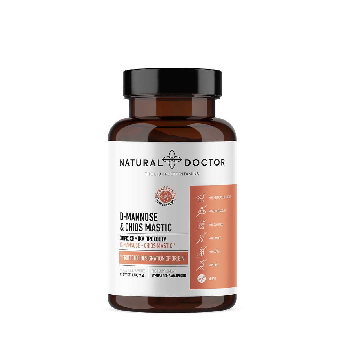 VITAREA Natural Doctor D-Mannose and Chios mastic supplement in 90 vegan capsules, supporting urinary health and wellness.