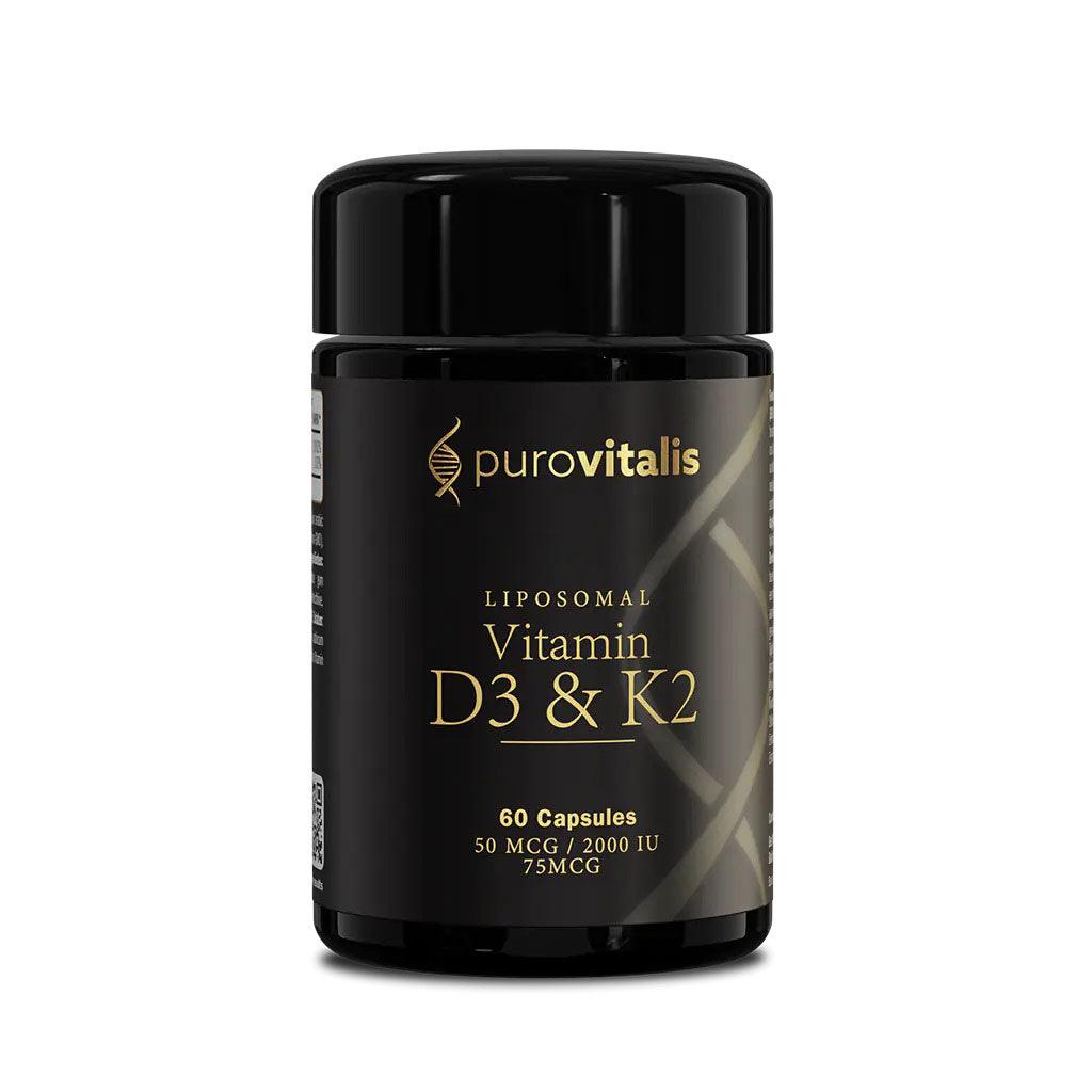 Herbalistas Purovitalis Liposomal Vitamin D3 & K2 supplement bottle with 60 capsules, displaying the product label.