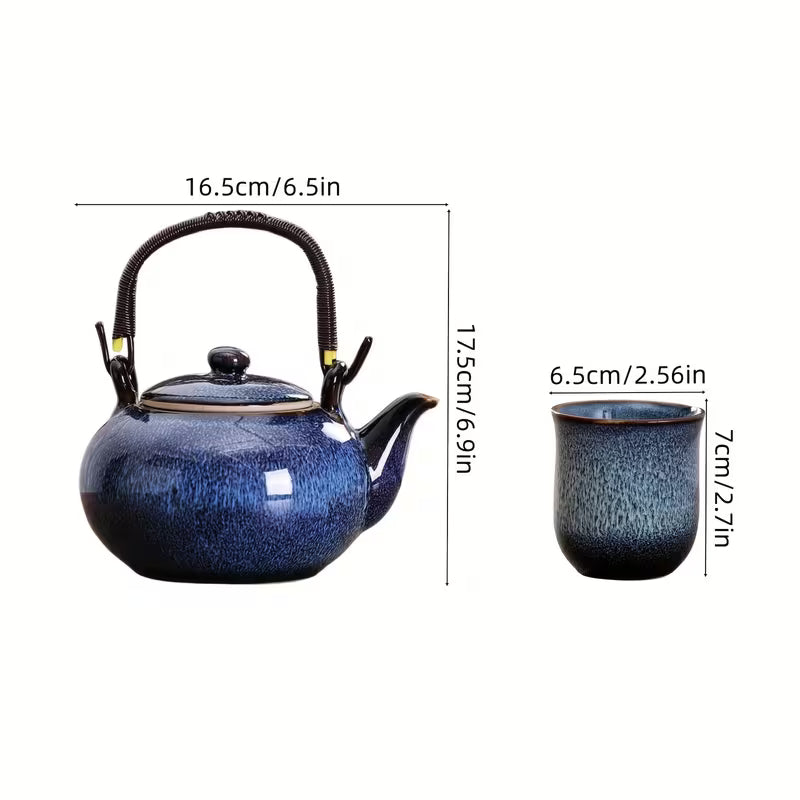 Japanese Kiln-Glazed Porcelain Tea Set – 6 Cups & Teapot with Filter, Dark Blue