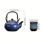 Japanese kiln-glazed porcelain tea set with 6 cups and teapot with filter in dark blue, by TEMU, ideal for traditional tea drinking.
