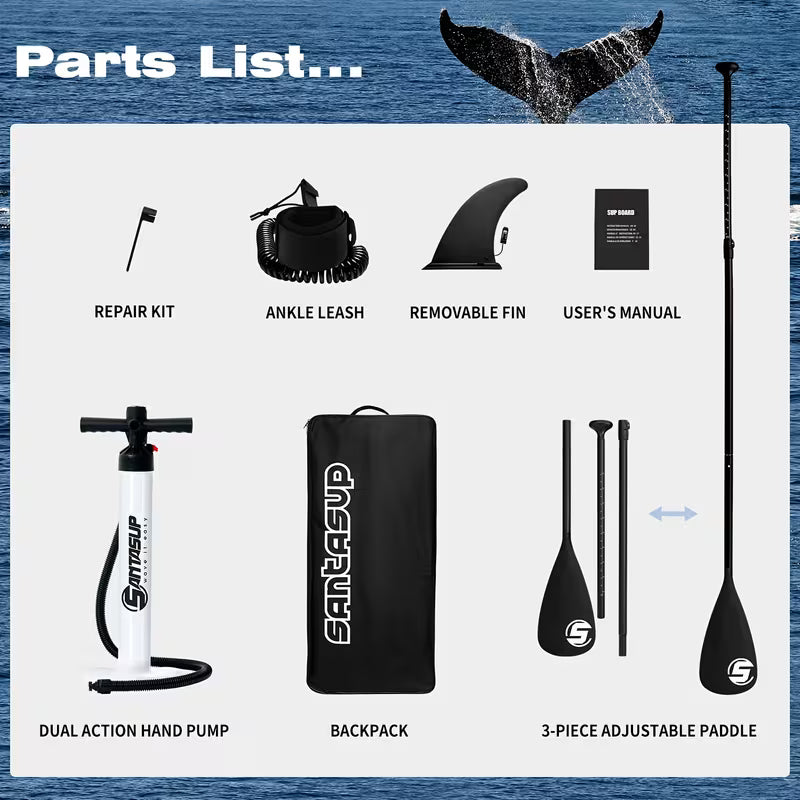 Inflatable stand-up paddleboard by TEMU, suitable for beginners, children, and adults, shown inflated on water with paddle.