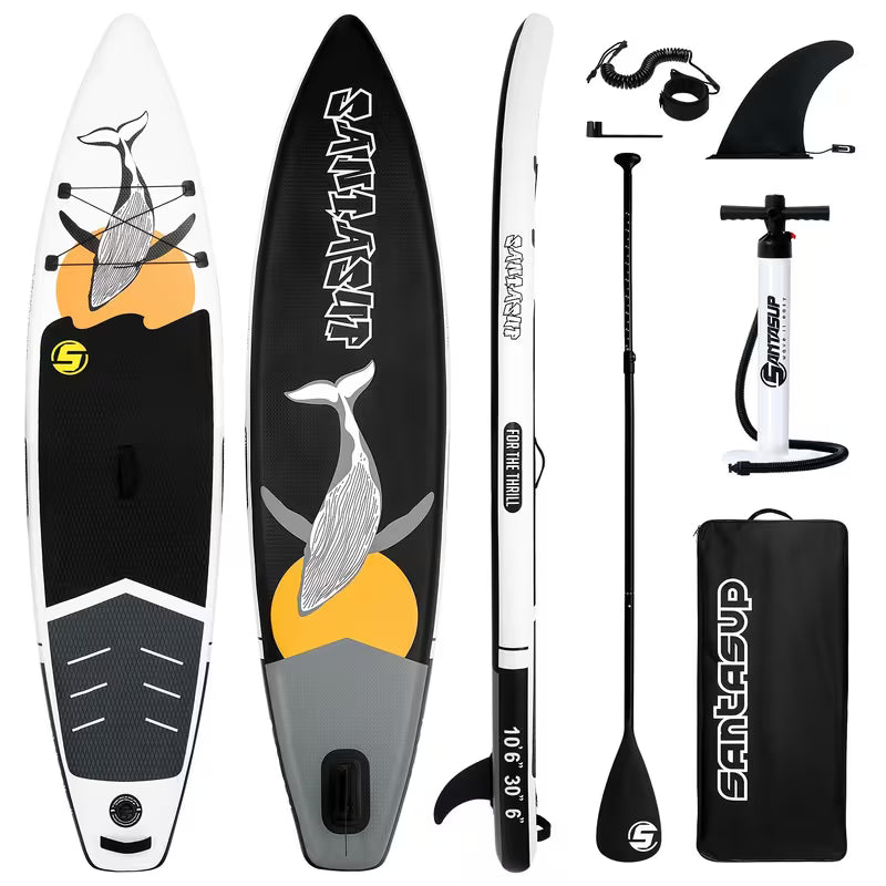 Inflatable TEMU stand-up paddleboard with a child and adult on water, suitable for beginners, made of durable material.