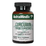 Sentosa Nutramedix Curcumin from Turmeric supplement bottle with 120 capsules, featuring turmeric root imagery on the label.