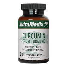 Sentosa Nutramedix Curcumin from Turmeric supplement bottle with 120 capsules, featuring turmeric root imagery on the label.