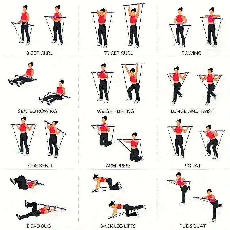 Portable TEMU Pilates bar kit with resistance bands, exercise bar, and latex cords for versatile fitness workouts.
