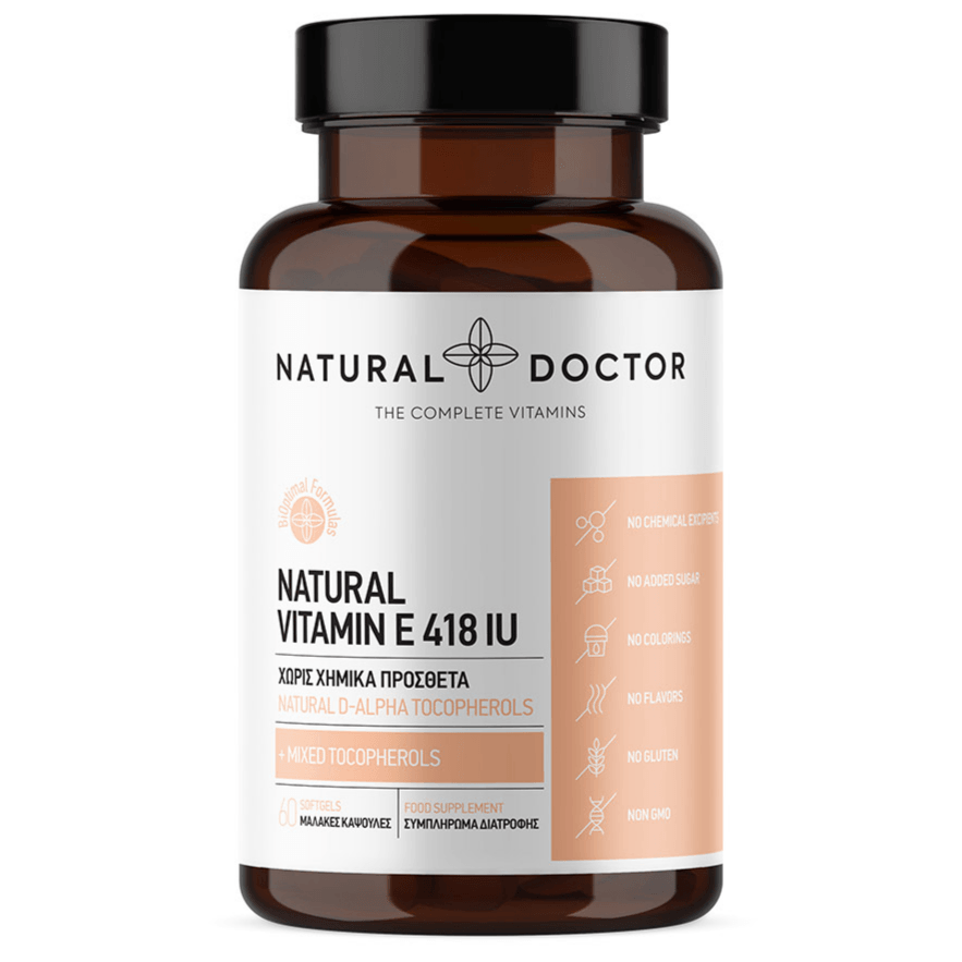 VITAREA Natural Doctor Vitamin E supplement in 60 vegetarian capsules, soft gel capsules with natural vitamin E oil.