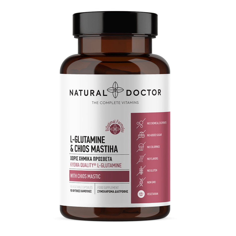VITAREA Natural Doctor L-Glutamine and Chios Mastiha supplement in 90 vegetarian capsules, showing the supplement bottle with label.