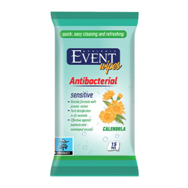 Event antibacterial wet wipes with calendula, moisturizing, 15-pack, featuring soft cloths for gentle cleaning and skin soothing.
