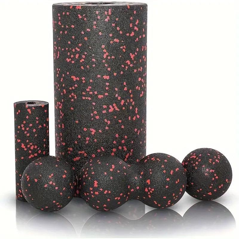 Set of five high-density foam rollers by TEMU for deep muscle tension relief and recovery for athletes and wellness enthusiasts.