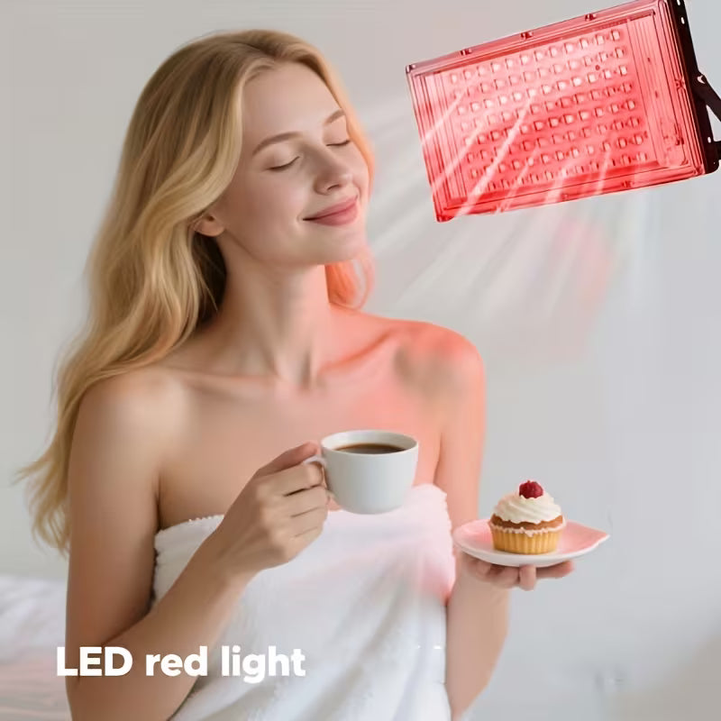 Full-spectrum red light therapy panel lamp by TEMU with 660 nm LED for skin and facial care, shown emitting red light.