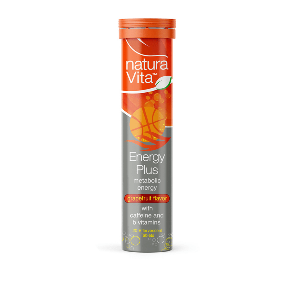 Natural energy supplement bottle labeled Energy Plus with Caffeine by Naturavita, featuring vibrant packaging and details on the label.