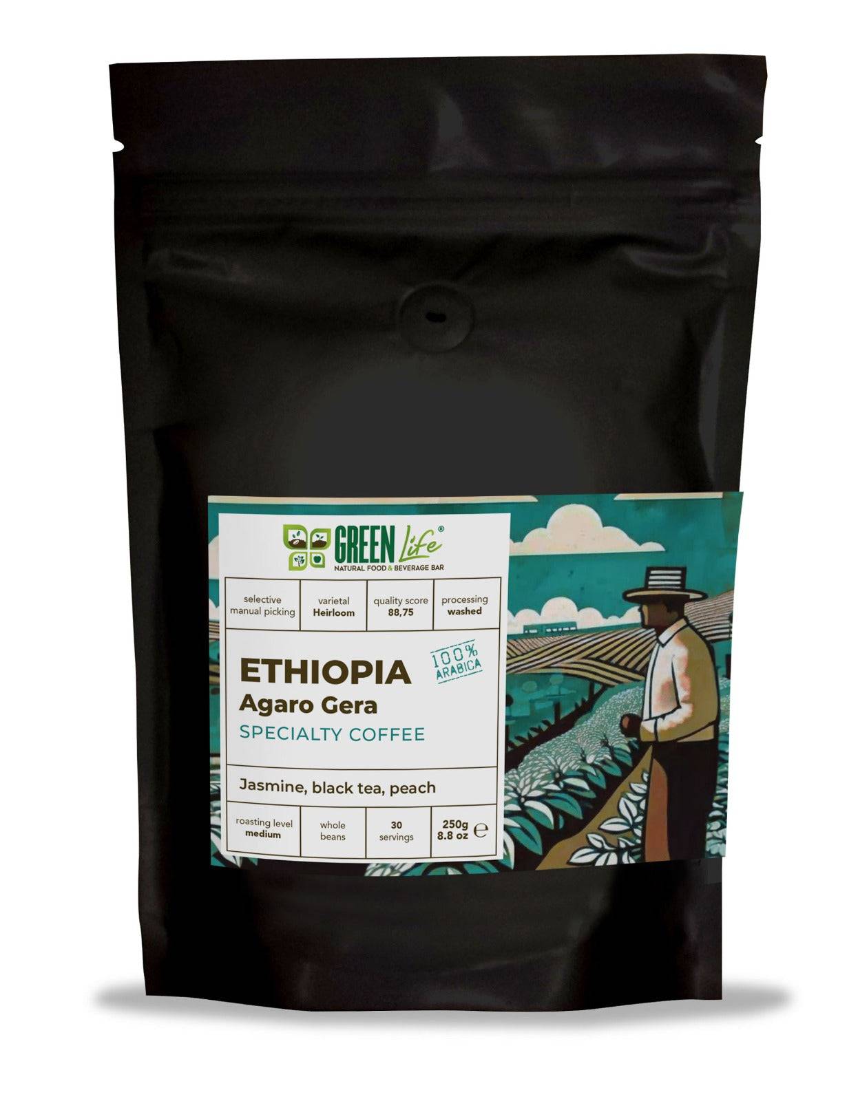 Freshly brewed Ethiopia Agaro Gera coffee in a cup, showcasing green Life Specialty Coffee by La Tosteria.