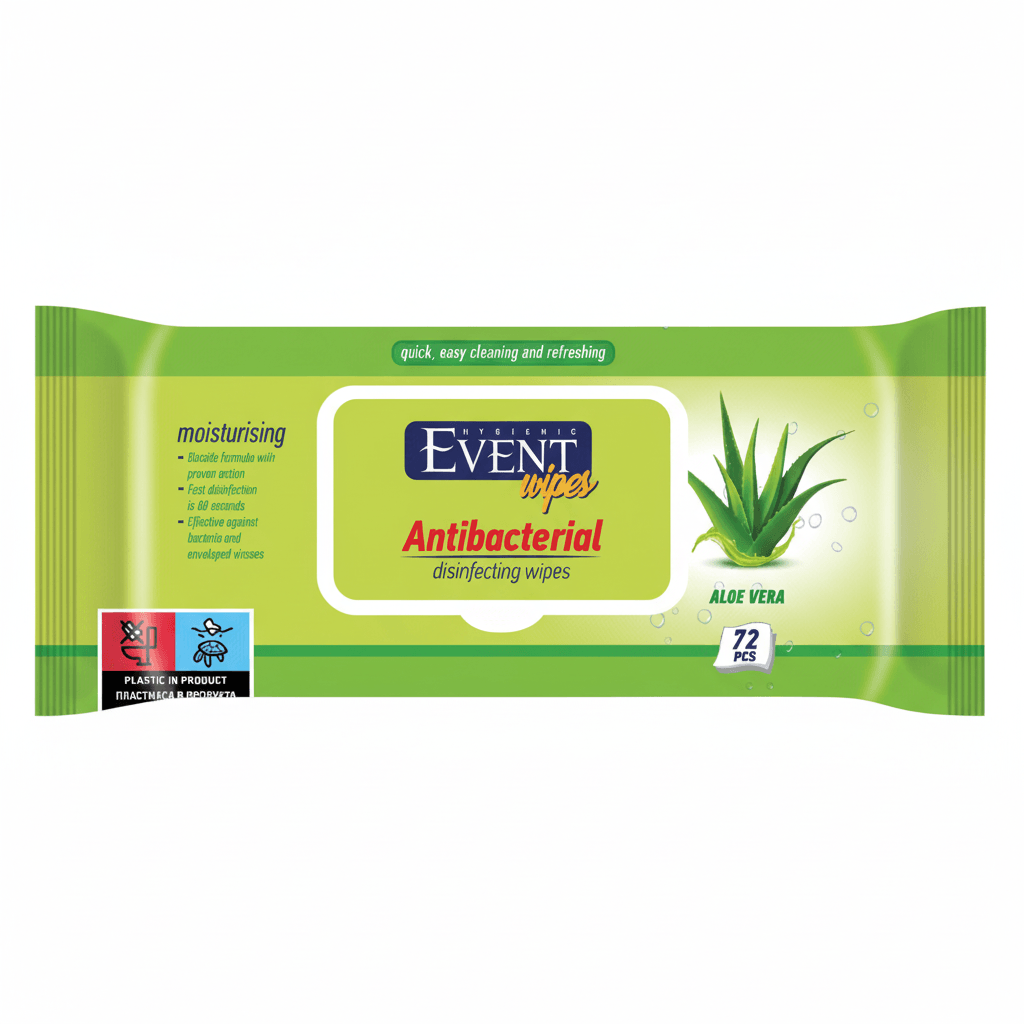 Event Antibacterial Wet Wipes with Aloe Vera from PETROUTSIOS, 72 pcs, showing moist wipes with aloe vera extract on packaging