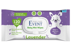 Event Baby Wet Wipes with Lavender, 120 pcs, made by PETROUTSIOS, showing soft, biodegradable wipes with lavender scent packaging.