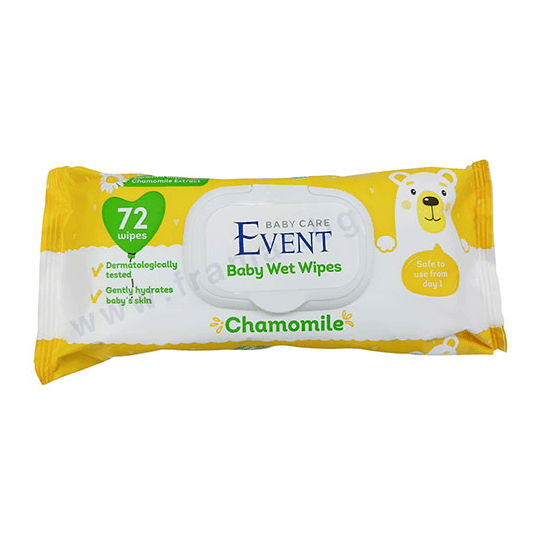 Event Baby Wet Wipes with Chamomile by PETROUTSIOS, 72-pack, showing soft, moist wipes infused with chamomile for gentle cleaning.