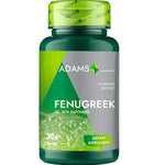 Fenugreek extract supplement by Adams Supplements, 500mg capsules, showing a bottle of 30 capsules with label details.