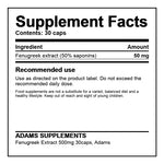 Adams Supplements Fenugreek Extract 50 mg capsules, showing a bottle of 30 capsules with extract capsules in a blister pack.