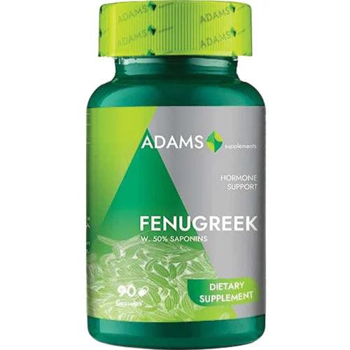 Fenugreek extract supplement by Adams Supplements, 500mg capsules shown in a bottle with 90 capsules.