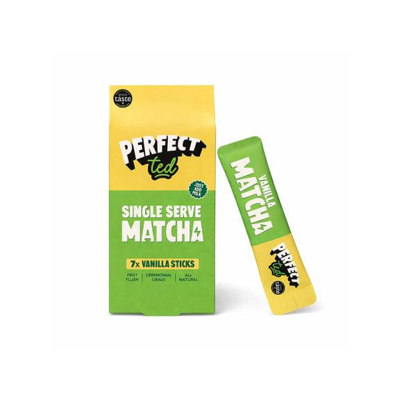 Herbalistas PerfectTed ceremonial grade vanilla matcha powder single serve sticks, green matcha powder in packaging.