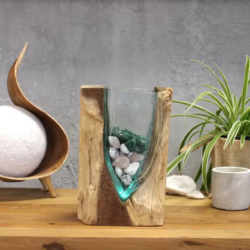 Molten Glass V-Shaped Art Vase on Gamal Wood