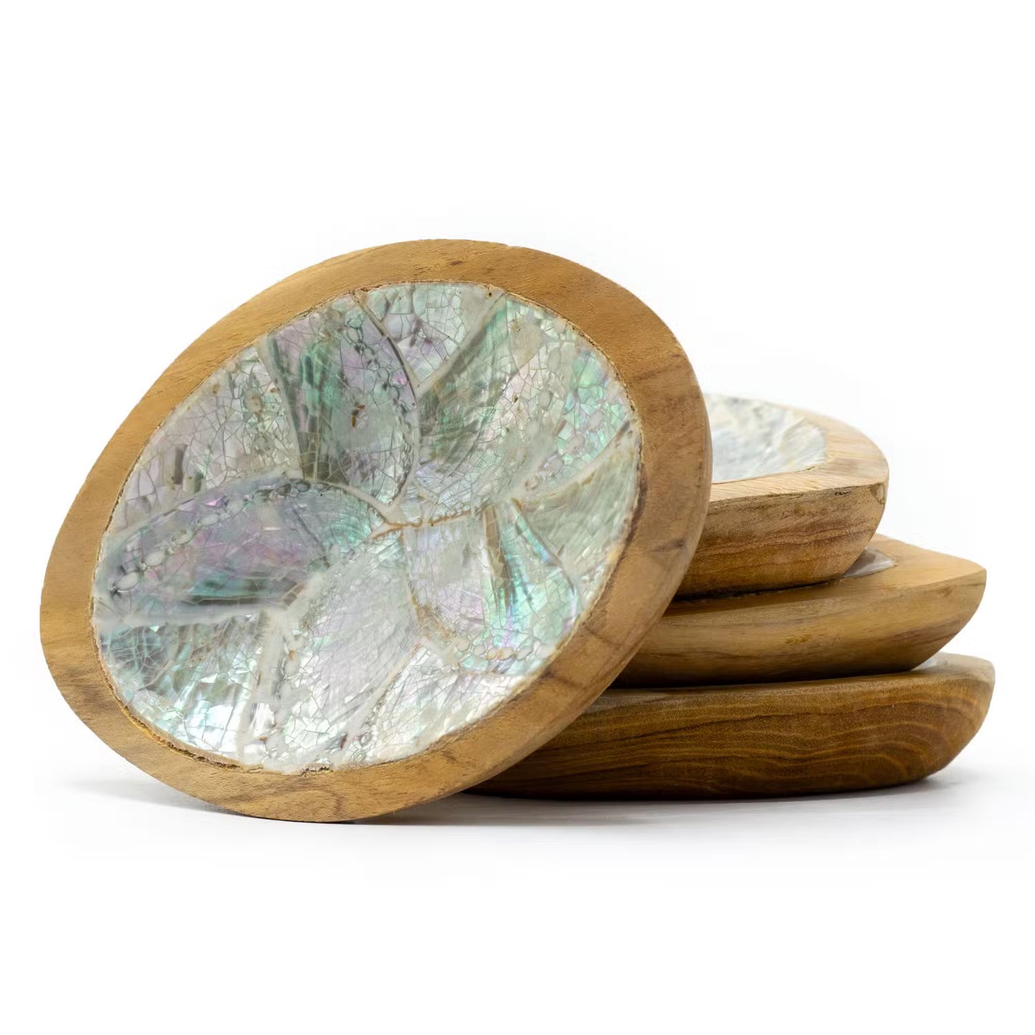 Set of 4 Teak Mini Bowls with Shell Decoration – Assorted Designs